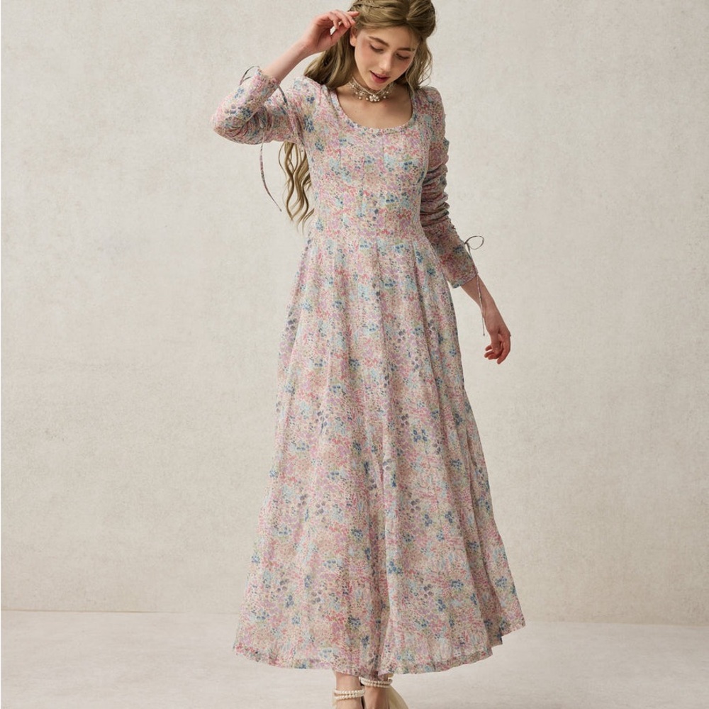 Linnenaive Pastel Flora Linen Victorian Dress - Picture 2 of 7